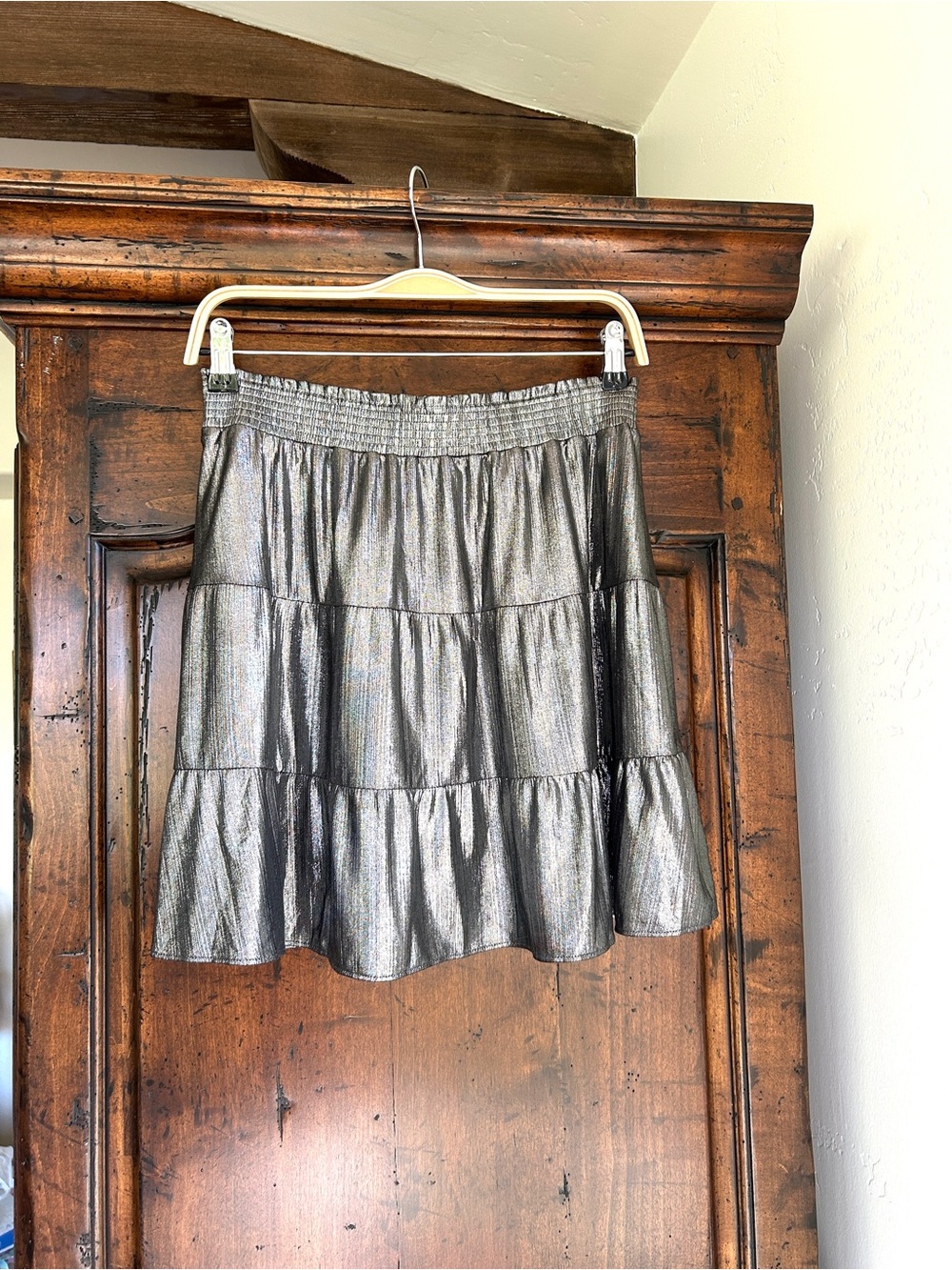 LOFT Metallic Silver Shimmer Tiered A-Line Skirt Size MP